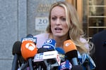 Adult film actress Stormy Daniels speaks outside federal court in New York in April 2018. She is testifying this week in the criminal trial of former President Donald Trump.