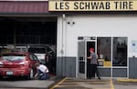 A person enters Les Schwab on Sandy Boulevard on June 9, 2026 in Portland, Ore.