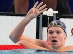 Leon Marchand of France, celebrates after winning the men's 200-meter individual medley final at the 2024 Summer Olympics, his fourth individual gold of the Paris Games.