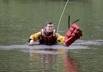 Corbett Fire District's new drone delivers a lifejacket during a training exercise in the Sandy River, May 16, 2025.
