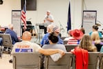 Josh Gritzmaker, lead organizer of the America First Republicans meeting talks to a group of Republicans aligned with the Trump wing of the party on Oct. 3, 2024 in Hillsdale, Mich.