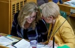 FILE: House Minority Leader Vikki Breese-Iverson, R-Prineville, left, and Rep. Bobby Levy, R-Echo, while in session at the Oregon State Capitol in Salem, March 20, 2023.