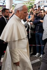 Pope Leo XIV arrives at the Agostino Gemelli Polyclinic in Rome, Tuesday, Oct. 13, 2026, where doctors operated to remove a lung nodule.