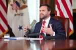 Vice President JD Vance hosts an episode of the Charlie Kirk Show in the Eisenhower Executive Office Building on Monday. Kirk was killed last week while speaking at Utah Valley University.