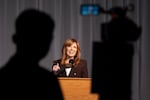 Republican state Sen. Christine Drazan, during the gubernatorial debate in Eugene, Ore., at the University of Oregon, on Thursday, Oct. 1, 2026.
