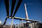 A chimney and pipes of a power plant in Budapest, Hungary. 