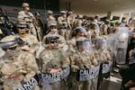California National Guard members stand in formation during the protest in Los Angeles, California on June 14, 2025.