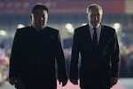 In this pool photograph distributed by the Russian state agency Sputnik, Russian President Vladimir Putin, right, and North Korean leader Kim Jong Un walk during a farewell ceremony upon Putin's departure at the Sunan International Airport in Pyongyang on June 19, 2024. (Photo by Vladimir Smirnov / POOL / AFP) / -- Editor's note : this image is distributed by the Russian state owned agency Sputnik -- (Photo by VLADIMIR SMIRNOV/POOL/AFP via Getty Images)