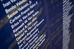 Some of the thousands of 9/11 victims’ names are listed on a display at the Portland Fire & Rescue ceremony to commemorate the Sept. 11, 2001 terrorist attacks, at Waterfront Park in Portland, Ore., on Sept. 11, 2026.