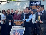 Matt Capelouto, whose daughter died from a fentanyl overdose, speaks at a news conference outside the Capitol in Sacramento, Calif., Tuesday, April 18, 2023. Capelouto is among dozens of protesters who called on the Assembly to hear fentanyl-related bills as tension mounts over how to address the fentanyl crisis. (AP Photo/Tran Nguyen)