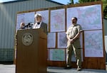 Gov. Tina Kotek, left, and Oregon Department of Forestry Deputy Director Kyle Williams, during a briefing about expectations for the upcoming wildfire season, May 7, 2025 at the Oregon Department of Forestry headquarters in Salem.