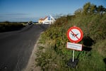 A sign reading "drone flying prohibited" is pictured in Halsskov, West Zealand, Denmark. Denmark banned all civilian drone flights across the country as Copenhagen hosted a European summit, after mysterious drone sightings across the country began in September.