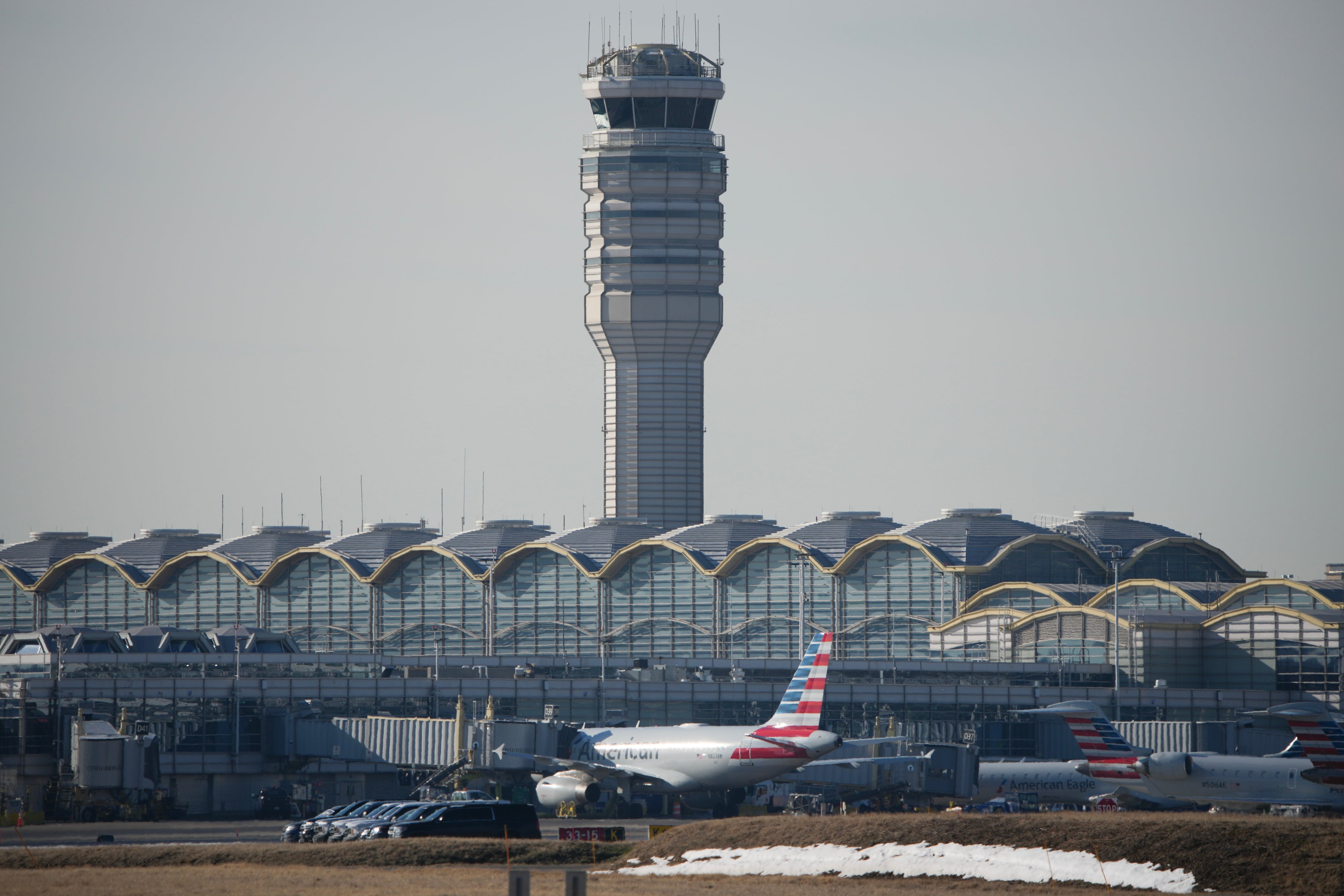 The control tower at Reagan National Washington Airport is shown on Jan. 30, in Arlington, Va.