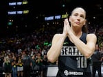 Sue Bird reacts after Tuesday's game, the last of her career, at the 2022 WNBA Playoffs semifinals in Seattle, Wash.