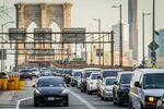 Traffic enters lower Manhattan after crossing the Brooklyn Bridge, Feb. 8, 2024, in New York.