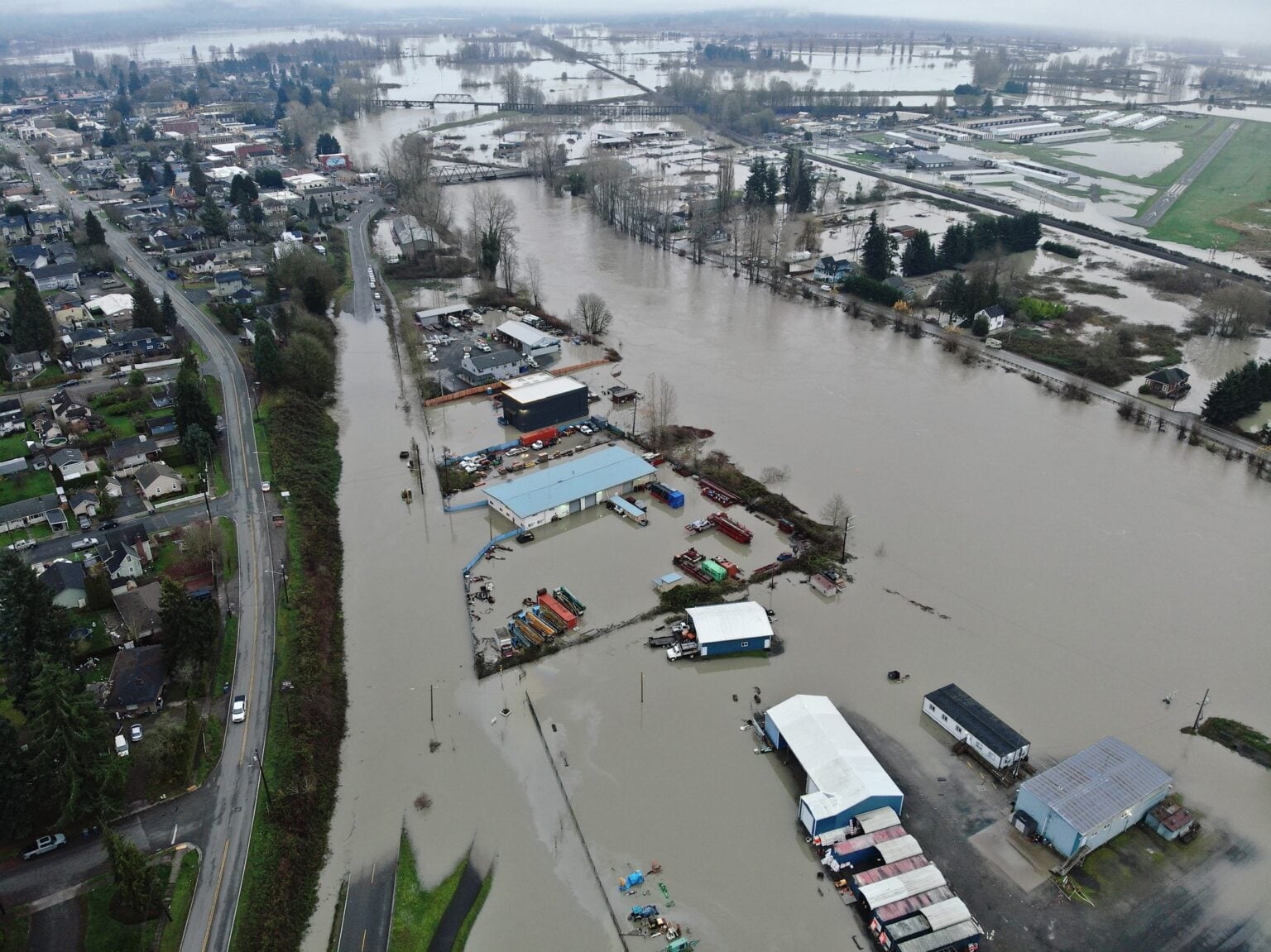 A view looking upstream on the Snohomish River with the city of Snohomish on the left and Harvey Airfield on the right. Snohomish County officials shared the image on Friday afternoon.