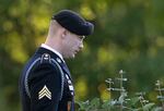 FILE - In this Nov. 3, 2017, file photo, Army Sgt. Bowe Bergdahl leaves the Fort Bragg courtroom facility during deliberations at a sentencing hearing in Fort Bragg, N.C. Bergdahl, who was court martialed after he left his post and was captured by the Taliban is asking a federal judge to overturn his military conviction, saying his trial was unduly influenced when former President Donald Trump repeatedly made disparaging comments about him and called for his execution.