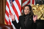 Vice President Harris speaks to her staff, former aides and friends before signing the drawer of her desk in the Vice President's Ceremonial Office at the White House on Jan. 16, 2025.