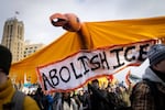 A large bird puppet crafted at In the Heart of the Beast Puppet and Mask Theatre in Minneapolis is carried down Lake Street during a march demanding ICE’s removal from Minnesota on Saturday, Jan. 10, 2026.
