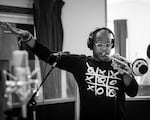 Etienne Charles conducts while playing, for the album "Carnival, The Sound of A People, Vol.1.", at Sear Sound, NYC. Etienne often weaves elements of Caribbean music into his sound.