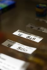 Price tags are displayed for a gram of different cannabis strains at Bridge City Collective in Portland, Ore., on Jan. 6, 2026.