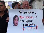 Protesters demonstrate against a visit by U.S Secretary of State Antony Blinken in the West Bank city of Ramallah where he met the president of the Palestinian Authority on Nov. 5, 2023.