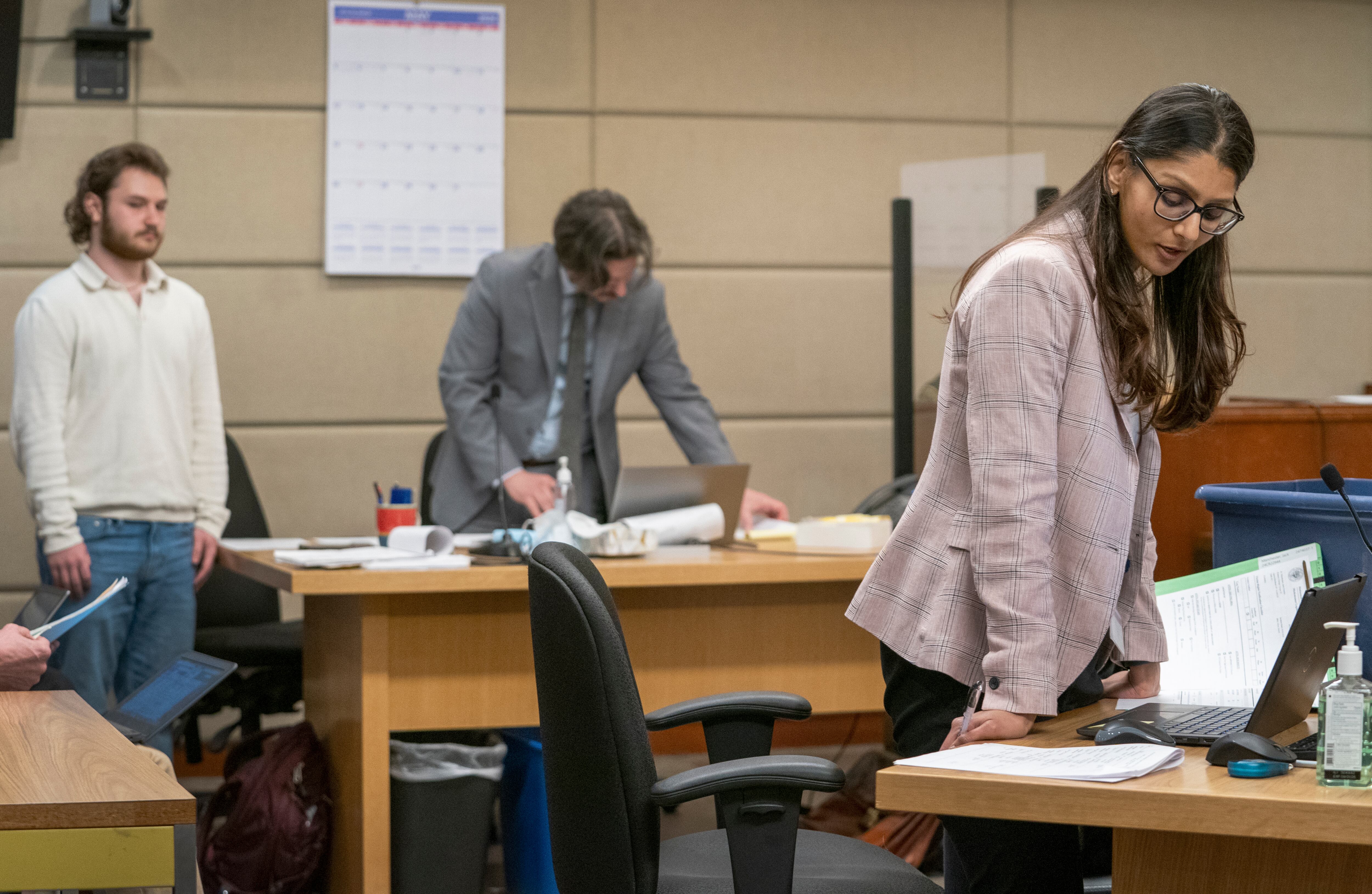 Bijal Patel of the Multnomah County District Attorney’s Office, right, speaks during the arraignment for a Portland State University student, left, at the Multnomah County Justice Center, May 3, 2024. Police arrested 30 people in connection to the protests that closed the Portland State University campus for several days. 