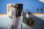 President Obama exits Air Force One after landing in Oregon on May 8, 2015.