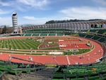 Hayward Field was sparsely populated for its first home meet. Only guests of athletes and coaches were allowed inside.