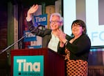 Candidate for the Democratic nomination for Governor Tina Kotek and her wife Aimee Kotek Wilson speak to supporters at an election night party at Revolution Hall on May 17, 2022 in Portland, Ore.