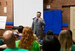 Portland Public Schools Superintendent Guadalupe Guerrero speaking at a community meeting with ACCESS Academy parents and teachers on Oct. 17, 2017.