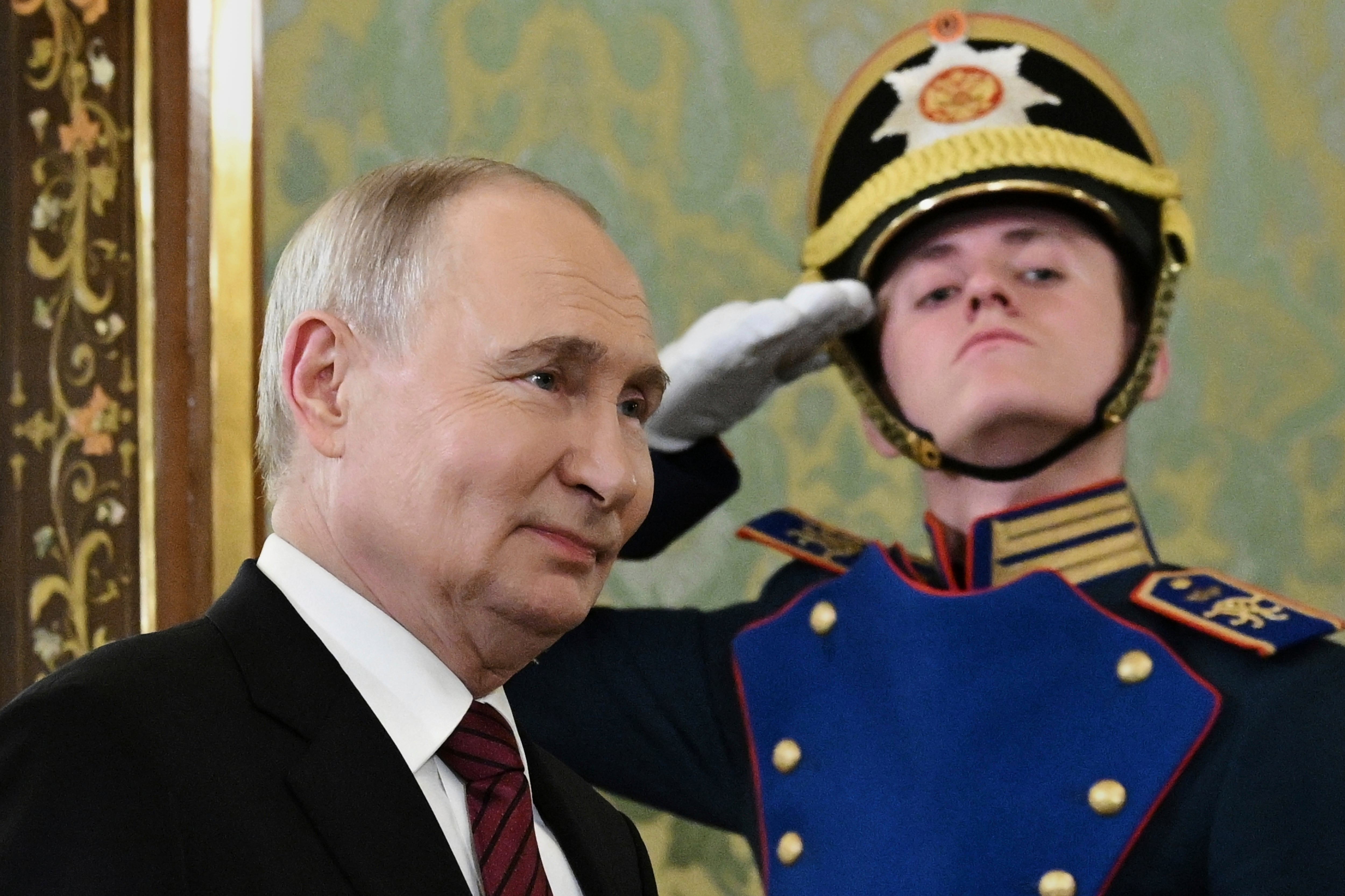 Russian President Vladimir Putin enters a hall to meet South Ossetian President Alan Gagloyev in the Grand Palace at the Kremlin in Moscow, Russia, on Saturday, May 10, 2025, during celebrations of the 80th anniversary of the Soviet Union's victory over Nazi Germany during the World War II.