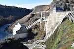 Copco 1 dam in December 2023, prior to the reservoir behind it being drawn down.