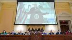A video of former President Donald Trump speaking during a rally near the White House on Jan. 6, 2021, is shown at a June 9 hearing before the House Jan. 6 committee.