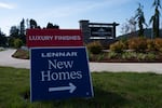 An advertisement for new homes, seen Aug. 17, 2026, in Camas., Wash. 