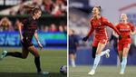 Left: Morgan Weaver of Portland Thorns FC controls the ball during the the NWSL semifinal against San Diego Wave on October 23, 2022 in Portland, Oregon. Right: Kristen Edmonds of Kansas City Current celebrates after beating OL Reign in a NWSL semifinal match on October 23, 2022 in Seattle. Portland and Kansas City play for the championship Saturday night.