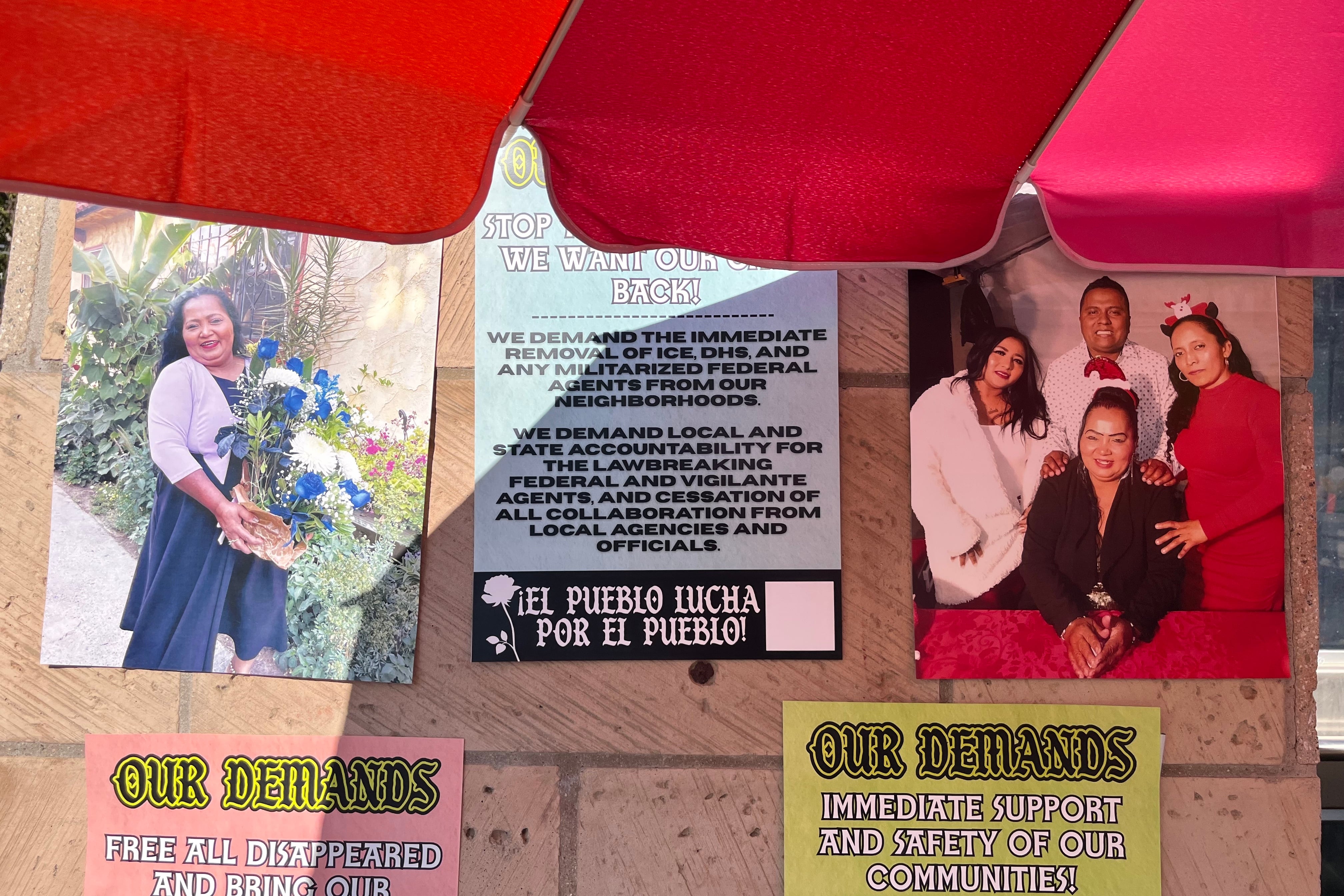 Photos of Emma de Paz under a street vendor's umbrella. De Paz was selling breakfast from her food cart outside a Home Depot parking lot in Los Angeles when immigration agents raided the lot and arrested her.