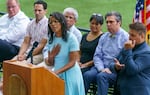 Rukaiyah Adams, Meyer Memorial Trust Chief Investment Officer, speaks at the Reopening Oregon Celebration held at Providence Park in Portland, Ore., June 30, 2021. Gov. Kate Brown announced the end to mandatory mask use and social distancing.