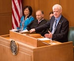 Senate President Peter Courtney addresses the house floor prior to Kate Brown being sworn in as the new governor of Oregon.