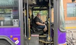 A bus driver in the purple cat bus