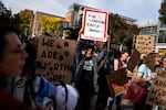 Members of the Portland State University Faculty Association, which represents adjunct faculty, march through campus alongside students and other supporters to PSU President Ann Cudd’s office in downtown Portland, Ore., on Tuesday, Oct. 14, 2025.