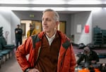 FILE - Then-Mayor-Elect Keith Wilson inside the overnight shelter room in Portland Central Church of the Nazarene in southeast Portland, Ore., Nov. 19, 2024. Addressing homelessness by increasing the number of overnight shelters like this one was a central focus of Wilson's mayoral campaign.