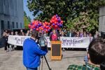 Melissa Unger, the executive director of SEIU Local 503, speaks during a rally for Oregon Child Welfare caseworkers in Salem, Ore., April 30, 2019.