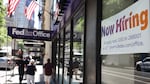 NEW YORK, NEW YORK - JUNE 07: A "Now Hiring" sign is seen at a FedEx location on E 42nd Street on June 07, 2024 in New York City. A jobs report for the month of May released by Labor Department showed that the U.S. added employers added 272,000 nonagricultural jobs and also reported that the unemployment rate rose to 4 percent for the first time in more than two years. (Photo by Michael M. Santiago/Getty Images)
