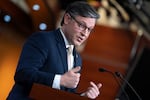 Speaker of the House Mike Johnson, R-La., takes questions at a news conference at the Capitol on Tuesday.