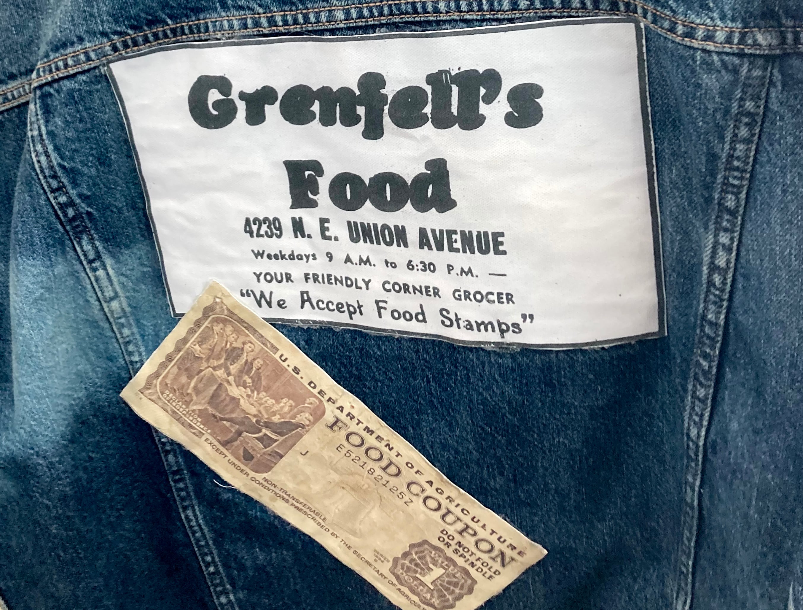 During the long fight that led to the settlement, Byrd began making jackets about systemic racism, Albina and the fight for justice. This jacket uses an old advertisement for a neighborhood grocer.