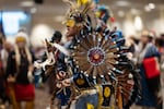 People dance during a powwow at Chinook Winds Casino Resort, Saturday, Nov. 16, 2024, in Lincoln City, Ore.