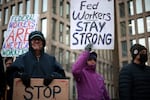 Protesters rally outside of the Theodore Roosevelt Federal Building headquarters of the U.S. Office of Personnel Management on February 5, 2025 in Washington, DC.