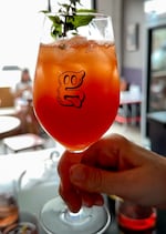 A STRAWbagliato created by bartender Nora Furst at Grape Ape in Portland, Ore. August 17, 2023. The cocktail had a base of fresh strawberries macerated in a nonalcoholic Bittersweet Aperitivo made by Hood River-based Wilderton.