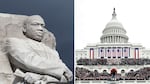 Side-by-side photos of the Martin Luther King, Jr. Memorial and Trump's 2017 inauguration, both in Washington, D.C.